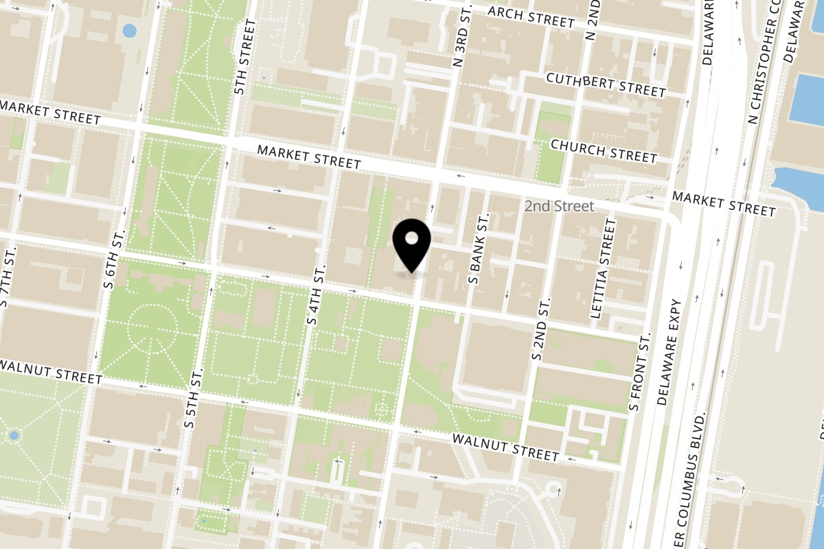 Map showing the location of Olivier Cafe on 50 S 3rd St in Philadelphia
